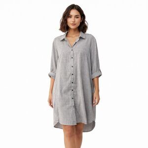 Mlle Gabrielle Dress Womens Large Gray Striped Collared Shirt Dress 3/4 Sleeve